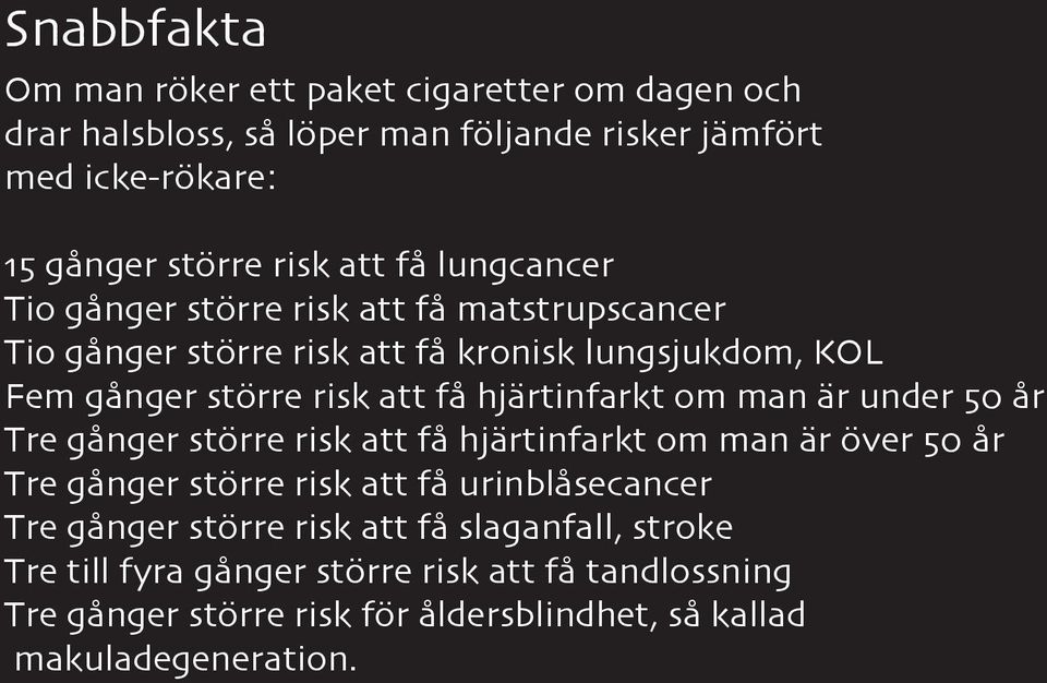 hjärtinfarkt om man är under 50 år Tre gånger större risk att få hjärtinfarkt om man är över 50 år Tre gånger större risk att få urinblåsecancer Tre