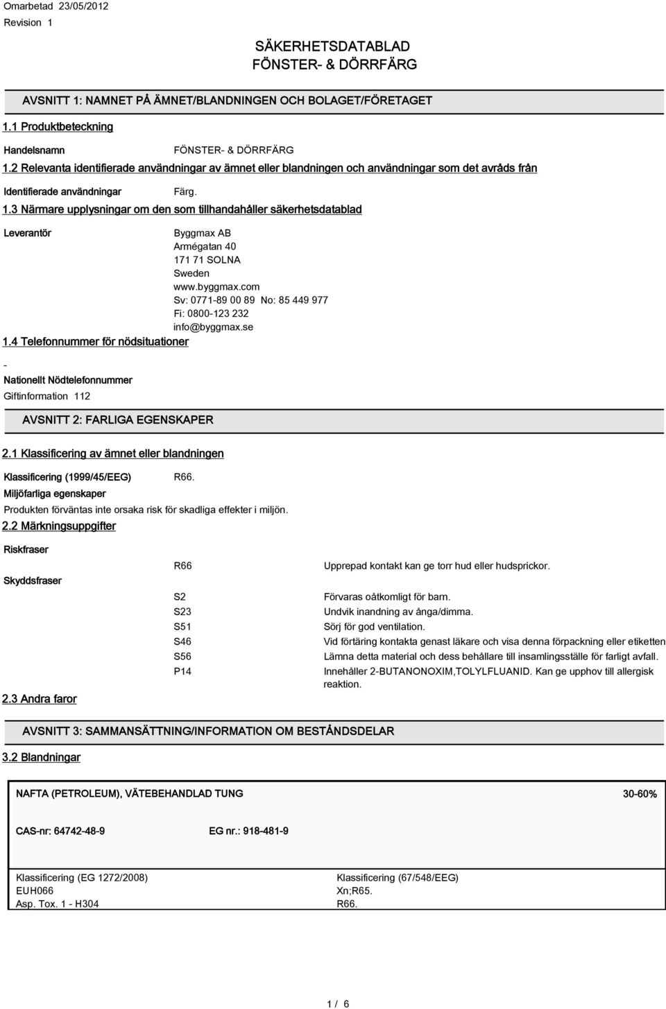 3 Närmare upplysningar om den som tillhandahåller säkerhetsdatablad Leverantör Byggmax AB Armégatan 40 171 71 SOLNA Sweden www.byggmax.