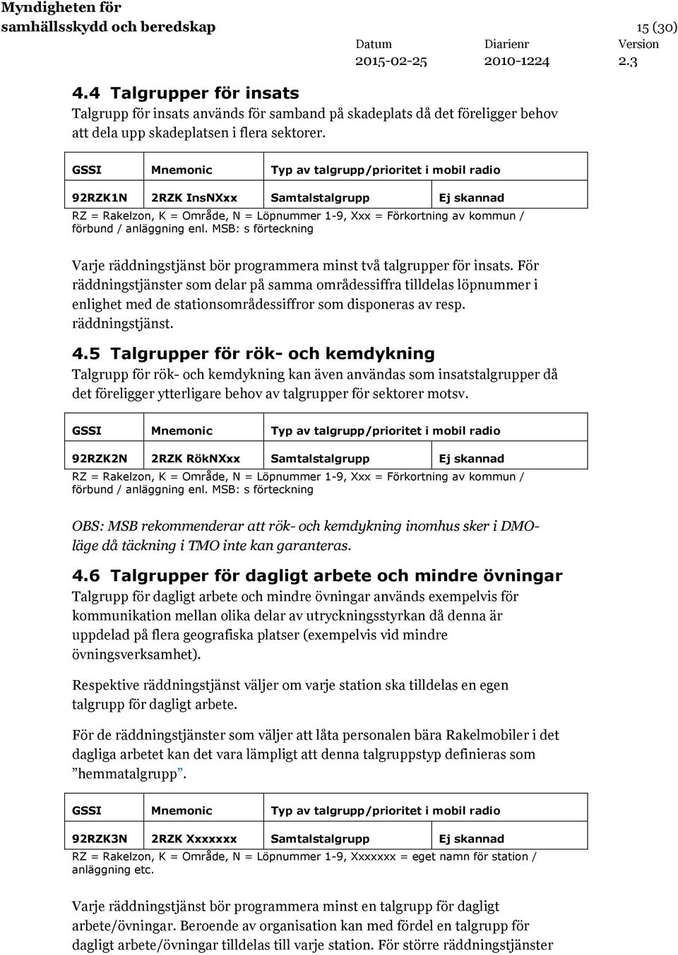 enl. MSB: s förteckning Varje räddningstjänst bör programmera minst två talgrupper för insats.