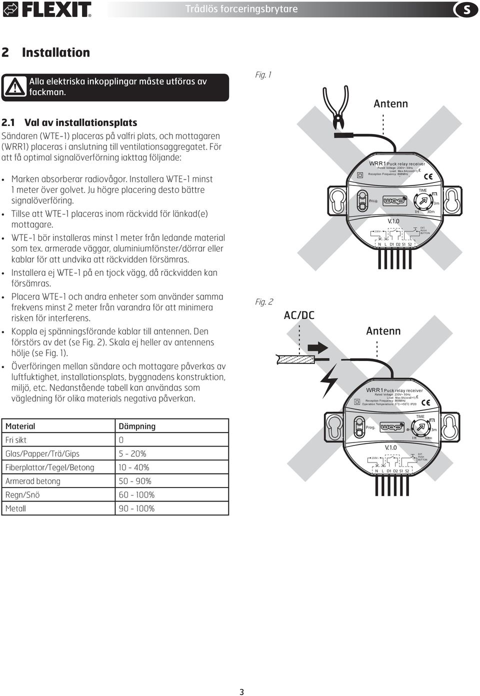 För att få optimal signalöverförning iakttag följande: Marken absorberar radiovågor. Installera WTE-1 minst 1 meter över golvet. Ju högre placering desto bättre signalöverföring.