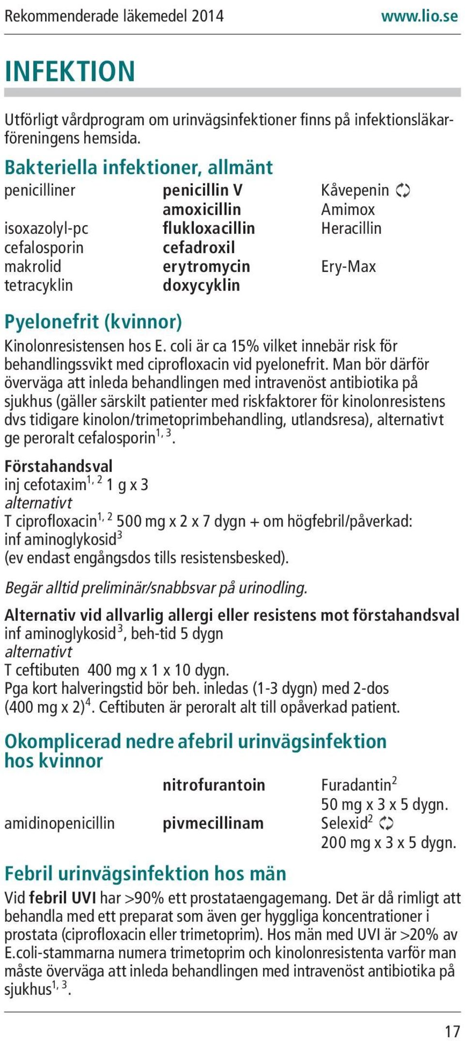doxycyklin Pyelonefrit (kvinnor) Kinolonresistensen hos E. coli är ca 15% vilket innebär risk för behandlingssvikt med ciprofloxacin vid pyelonefrit.