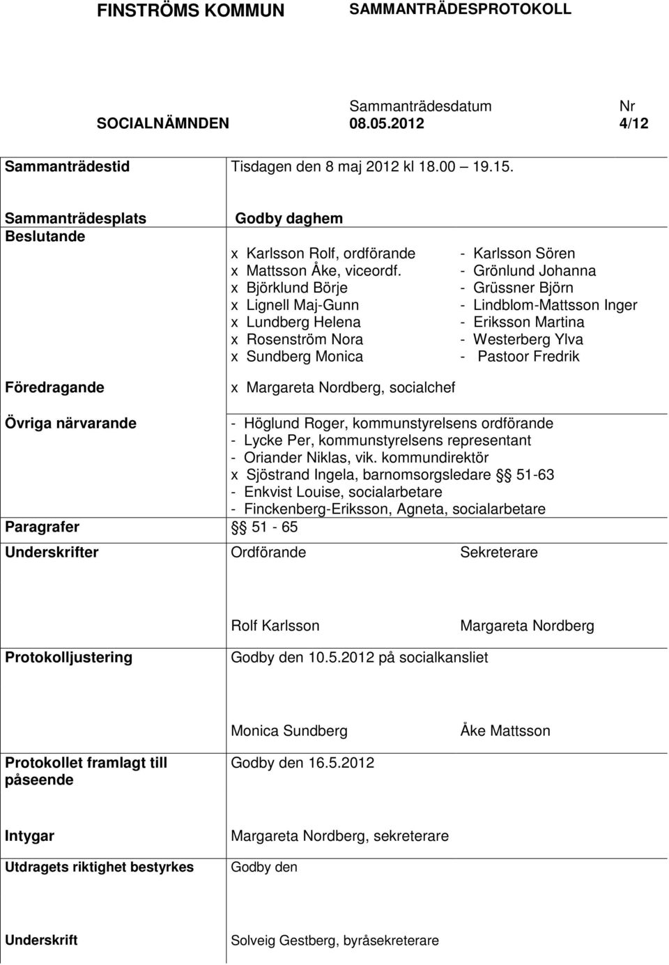 x Björklund Börje x Lignell Maj-Gunn x Lundberg Helena x Rosenström Nora x Sundberg Monica x Margareta Nordberg, socialchef - Karlsson Sören - Grönlund Johanna - Grüssner Björn - Lindblom-Mattsson