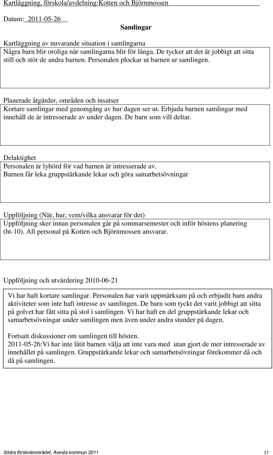 Planerade åtgärder, områden och insatser Kortare samlingar med genomgång av hur dagen ser ut. Erbjuda barnen samlingar med innehåll de är intresserade av under dagen. De barn som vill deltar.