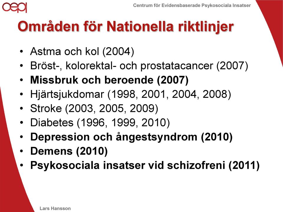 2004, 2008) Stroke (2003, 2005, 2009) Diabetes (1996, 1999, 2010) Depression