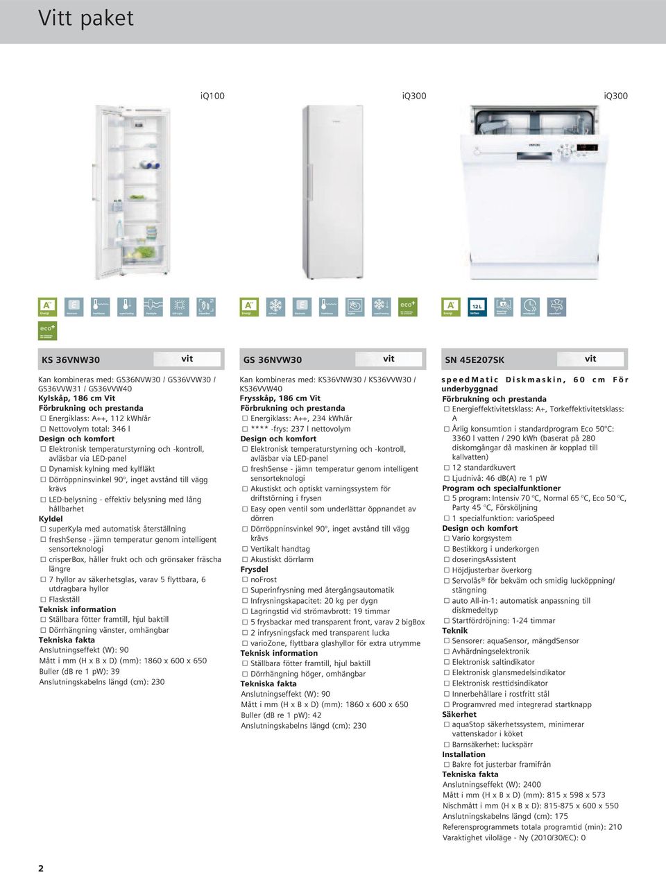 Nettovolym total: 346 l E **** -frys: 237 l nettovolym E Årlig konsumtion i standardprogram Eco 50 C: 3360 l vatten / 290 kwh (baserat på 280 E Elektronisk temperaturstyrning -kontroll, E Elektronisk