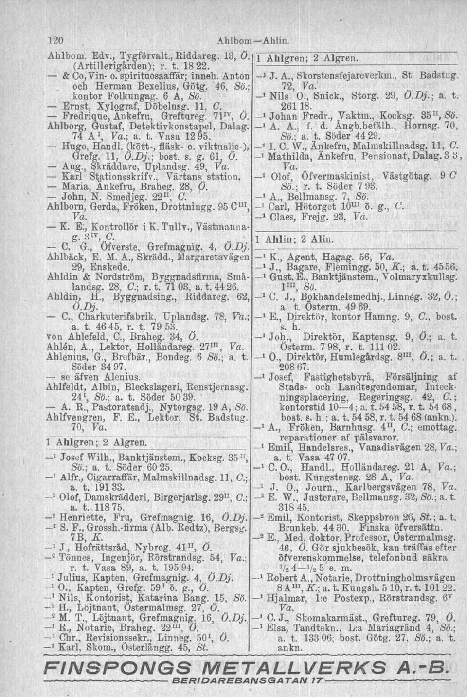 Fredrique, Ankefru, Greftureg. 7]1", O. _, Johan Fredr., Yaktm., Kocksg. 35 II, So. Ahlborg, Gustaf, Detektivkonstapel, Dalag. _, A. A" f. d. Angb.befälh., Hornsg. 70, 74 Ar, Va.; a. t. Vasa 1295. So.; a.. t. Söder 4429.