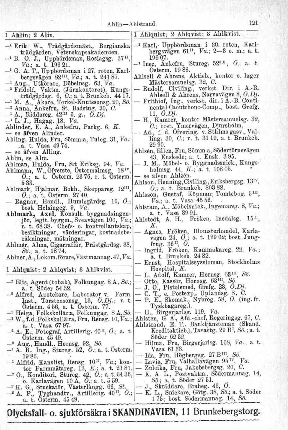 roten, Karl bergsvägen 82III, Va.; a. t. 24187. Osterm. 1986. AhlselI & Ahrens, Aktieb., kontor o.lager ' Aug., Utkörare, Döbelnsg. 63, Va. Mästersamuelsg. 32, G. _2 Fridolf, Vaktm.