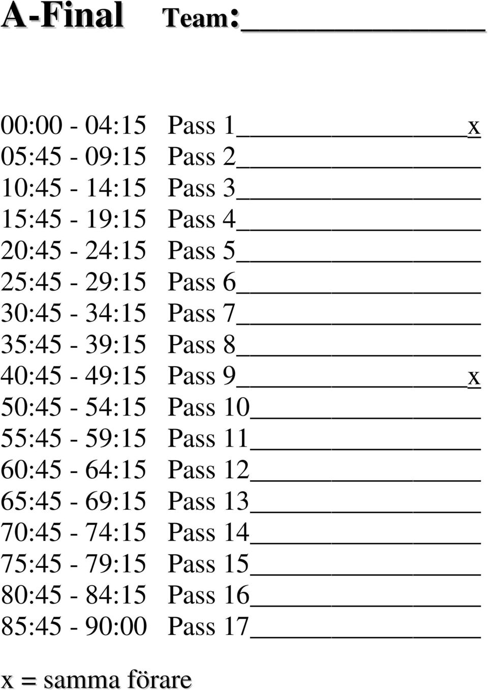 Pass 9 x 50:45-54:15 Pass 10 55:45-59:15 Pass 11 60:45-64:15 Pass 12 65:45-69:15 Pass 13