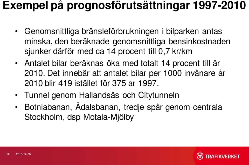 procent till år 2010. Det innebär att antalet bilar per 1000 invånare år 2010 blir 419 istället för 375 år 1997.