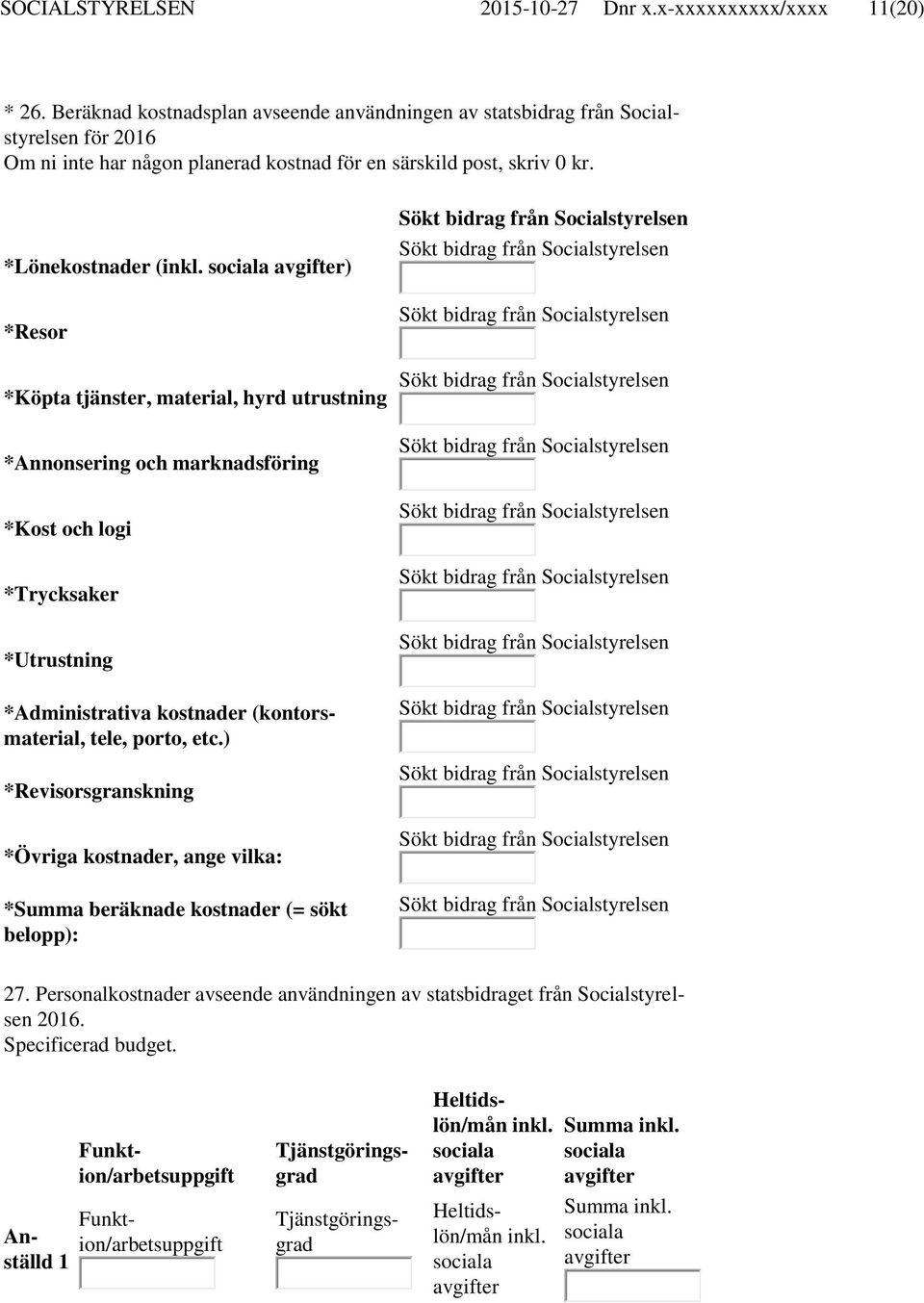 *Lönekostnader ( ) *Resor *Köpta tjänster, material, hyrd utrustning *Annonsering och marknadsföring *Kost och logi *Trycksaker *Utrustning *Administrativa