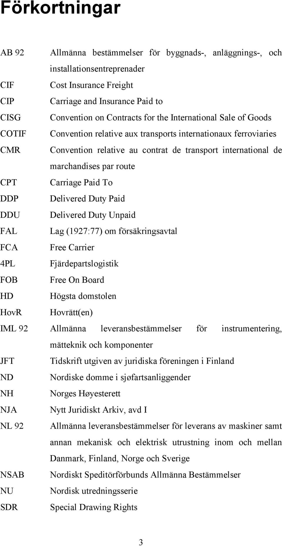 Carriage Paid To DDP Delivered Duty Paid DDU Delivered Duty Unpaid FAL Lag (1927:77) om försäkringsavtal FCA Free Carrier 4PL Fjärdepartslogistik FOB Free On Board HD Högsta domstolen HovR