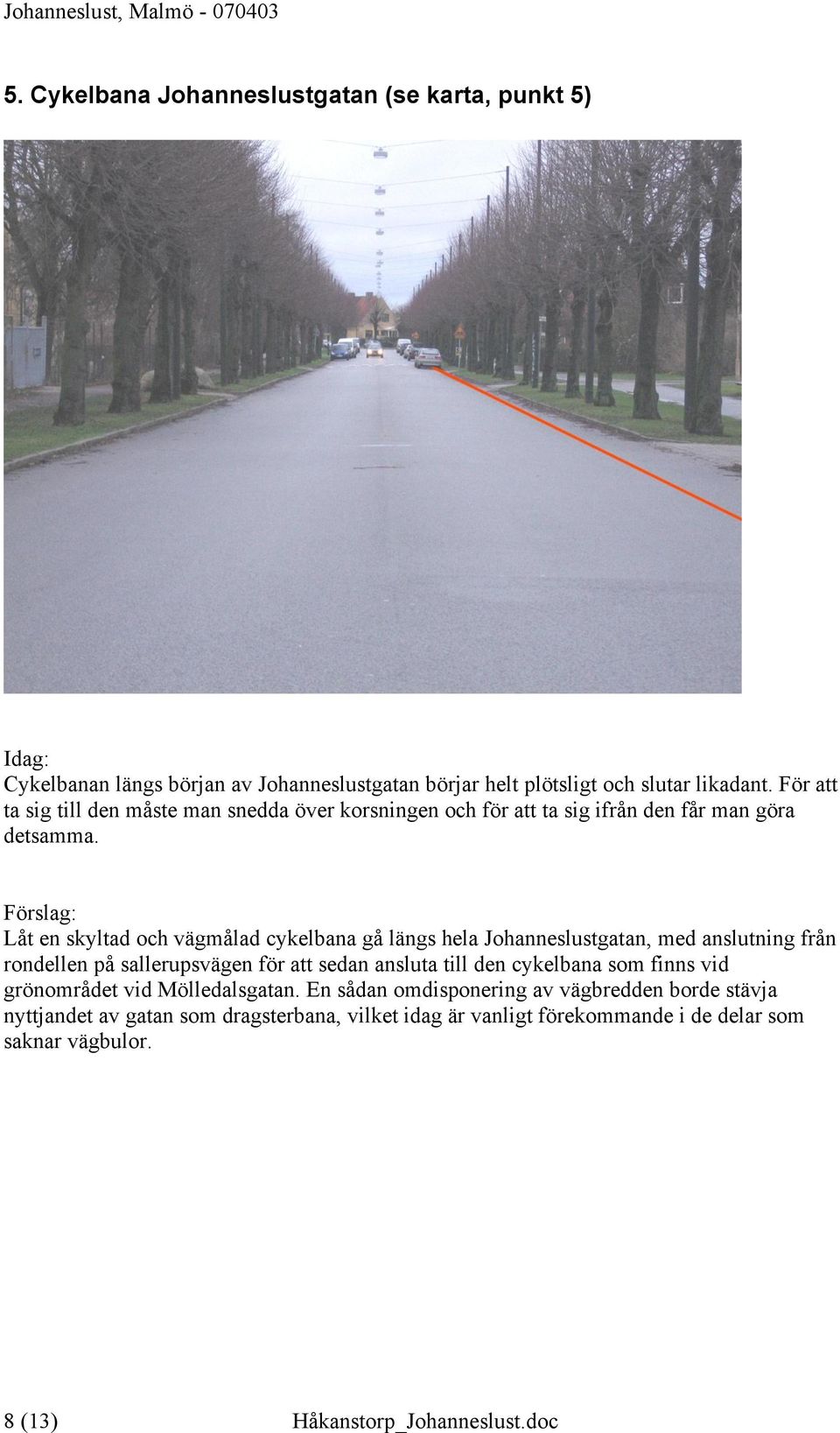 Låt en skyltad och vägmålad cykelbana gå längs hela Johanneslustgatan, med anslutning från rondellen på sallerupsvägen för att sedan ansluta till den cykelbana