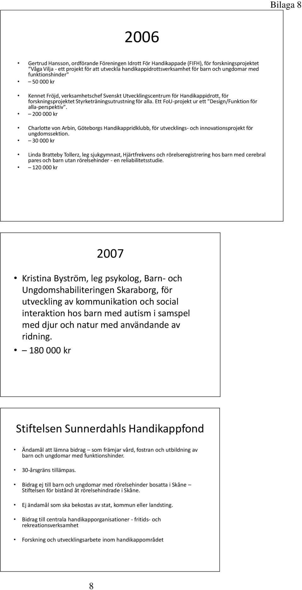 Ett FoU-projekt ur ett "Design/Funktion för alla-perspektiv". 200 000 kr Charlotte von Arbin, Göteborgs Handikappridklubb, för utvecklings- och innovationsprojekt för ungdomssektion.