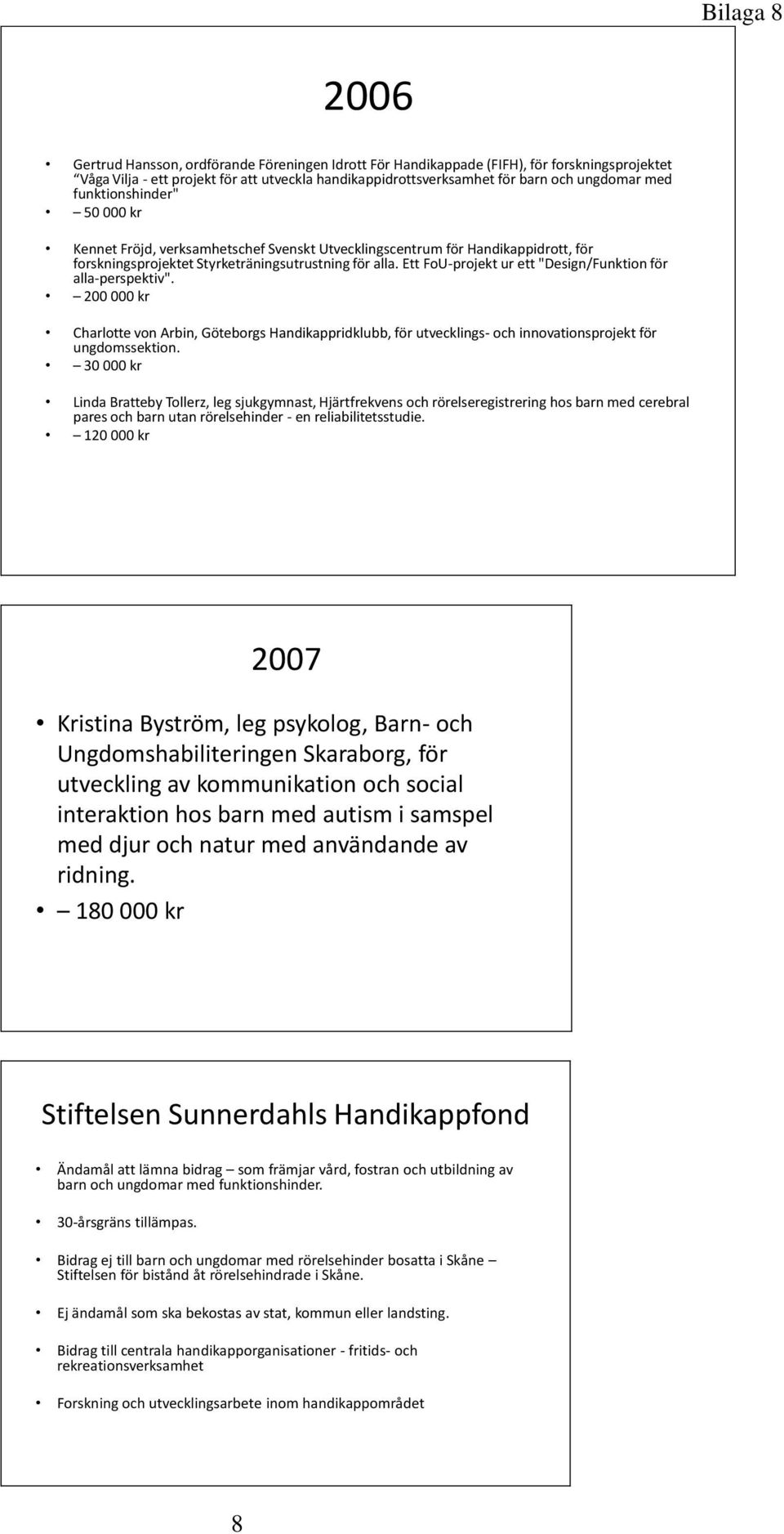 Ett FoU-projekt ur ett "Design/Funktion för alla-perspektiv". 200 000 kr Charlotte von Arbin, Göteborgs Handikappridklubb, för utvecklings- och innovationsprojekt för ungdomssektion.