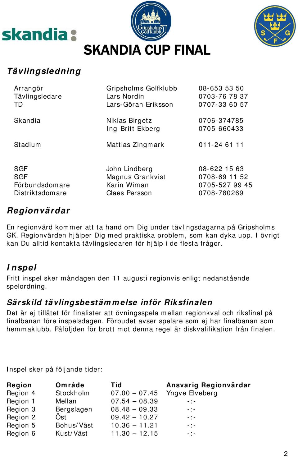 Regionvärdar En regionvärd kommer att ta hand om Dig under tävlingsdagarna på Gripsholms GK. Regionvärden hjälper Dig med praktiska problem, som kan dyka upp.