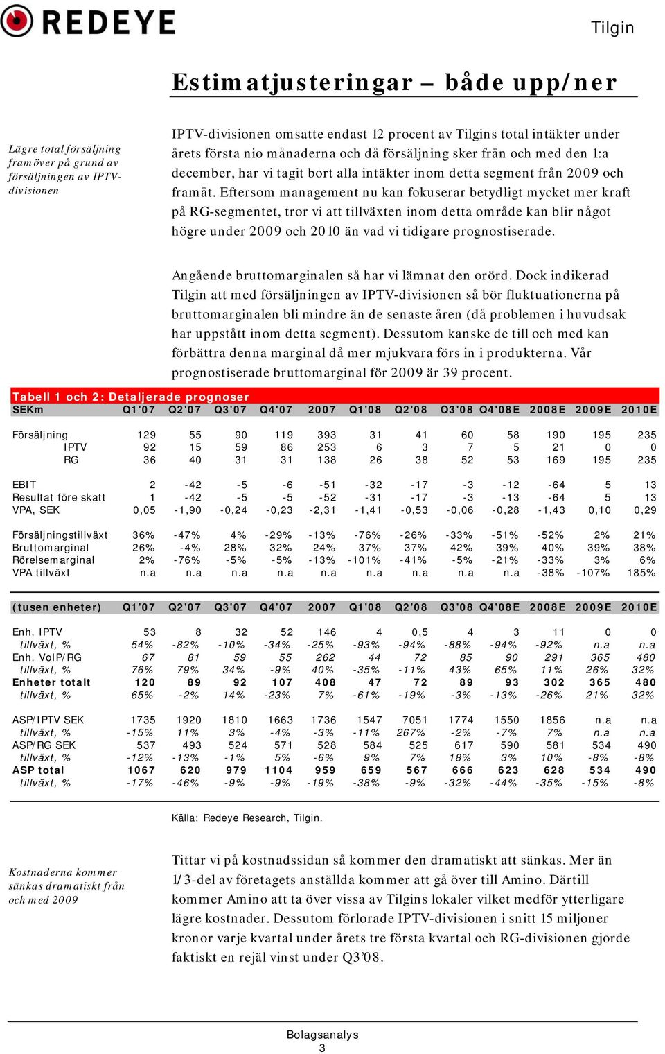 Eftersom management nu kan fokuserar betydligt mycket mer kraft på RG-segmentet, tror vi att tillväxten inom detta område kan blir något högre under 2009 och 2010 än vad vi tidigare prognostiserade.