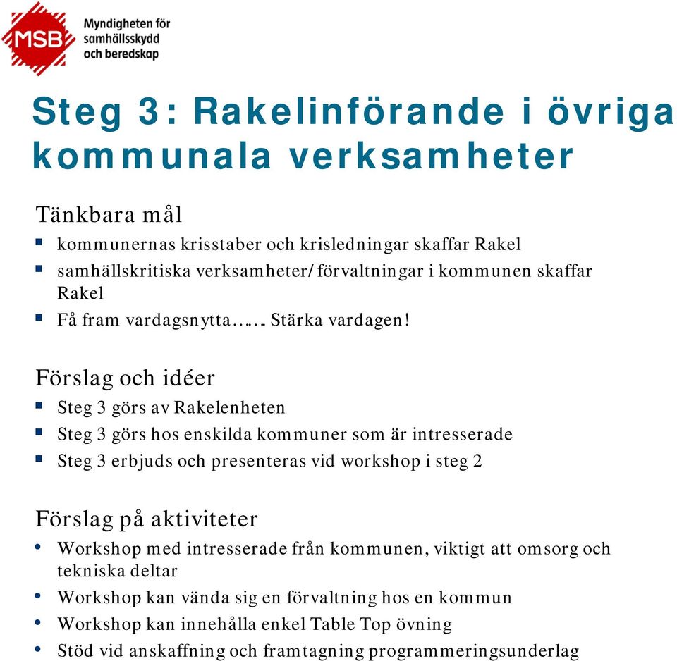 Förslag och idéer Steg 3 görs av Rakelenheten Steg 3 görs hos enskilda kommuner som är intresserade Steg 3 erbjuds och presenteras vid workshop i steg 2 Förslag