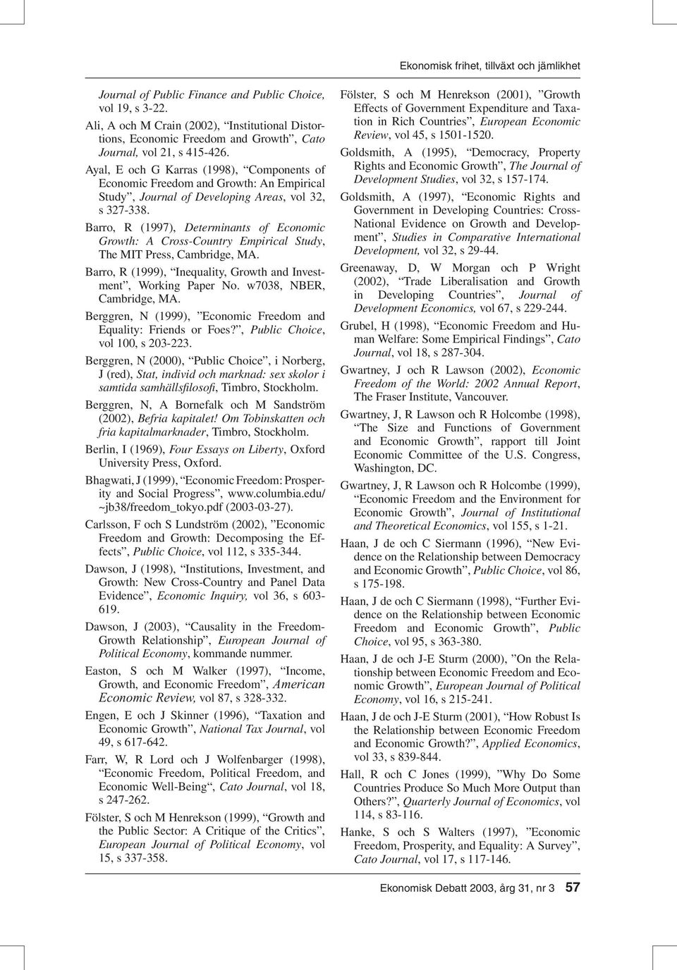 Ayal, E och G Karras (1998), Components of Economic Freedom and Growth: An Empirical Study, Journal of Developing Areas, vol 32, s 327-338.