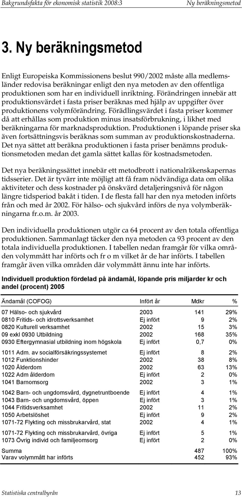 inriktning. Förändringen innebär att produktionsvärdet i fasta priser beräknas med hjälp av uppgifter över produktionens volymförändring.