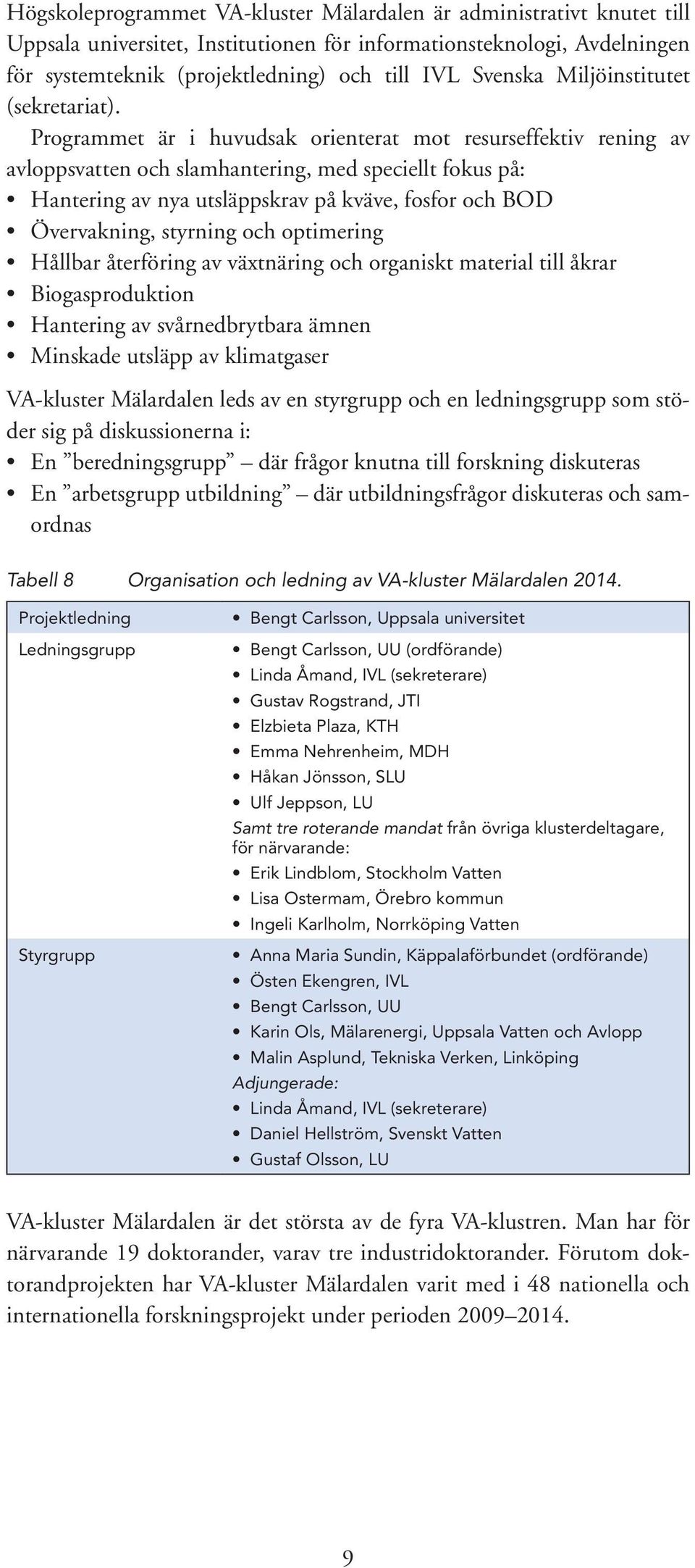 Programmet är i huvudsak orienterat mot resurseffektiv rening av avloppsvatten och slamhantering, med speciellt fokus på: Hantering av nya utsläppskrav på kväve, fosfor och BOD Övervakning, styrning