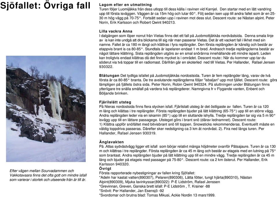 Peter Norin, Erik Karlsson och Robert Qwint 940213. Lilla vackra Anna I dalgången som löper norrut från Vietas finns det ett fall på Juobmottjåkkås nordvästsida.
