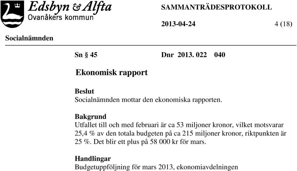 Bakgrund Utfallet till och med februari är ca 53 miljoner kronor, vilket motsvarar 25,4 %