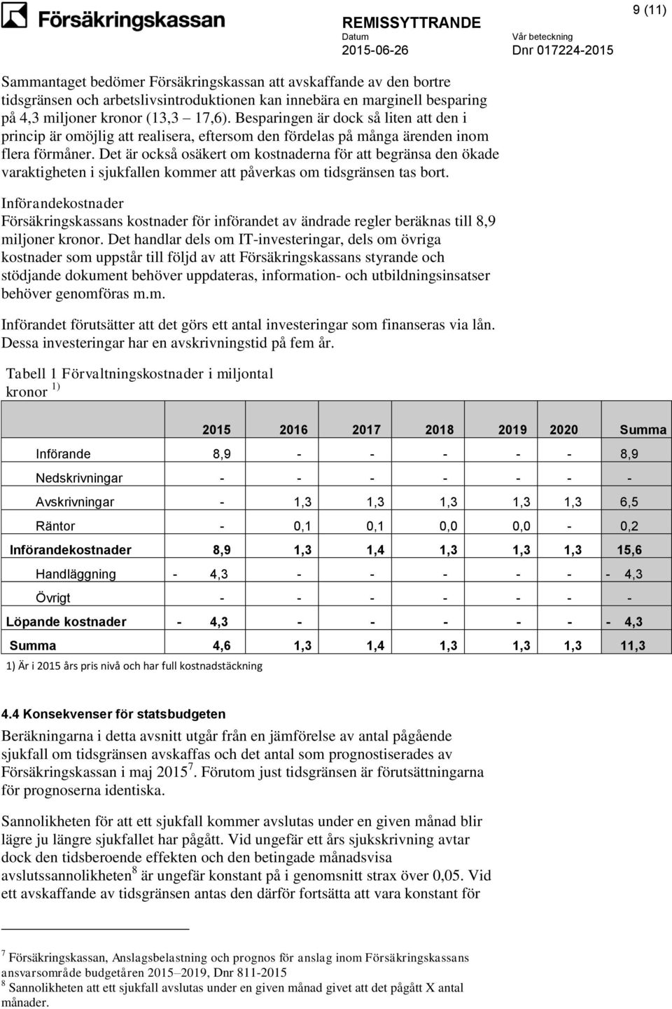 Det är också osäkert om kostnaderna för att begränsa den ökade varaktigheten i sjukfallen kommer att påverkas om tidsgränsen tas bort.