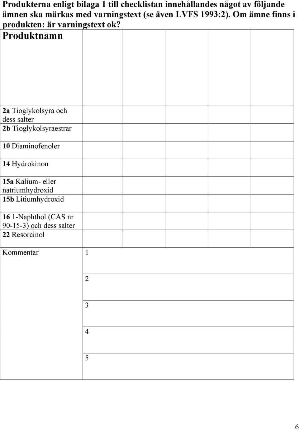 Produktnamn 2a Tioglykolsyra och dess salter 2b Tioglykolsyraestrar 10 Diaminofenoler 14 Hydrokinon 15a