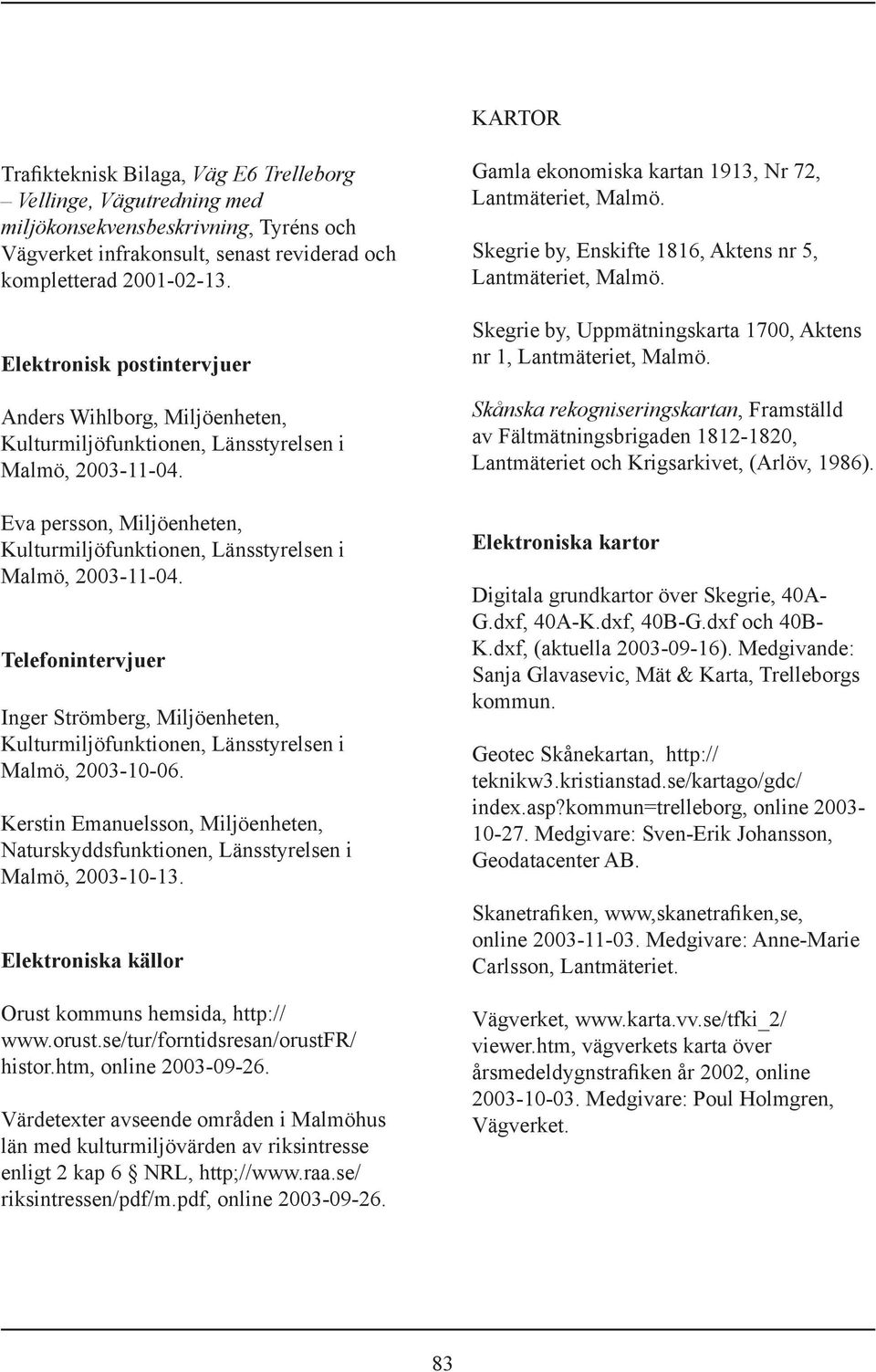 Telefonintervjuer Inger Strömberg, Miljöenheten, Kulturmiljöfunktionen, Länsstyrelsen i Malmö, 2003-10-06. Kerstin Emanuelsson, Miljöenheten, Naturskyddsfunktionen, Länsstyrelsen i Malmö, 2003-10-13.