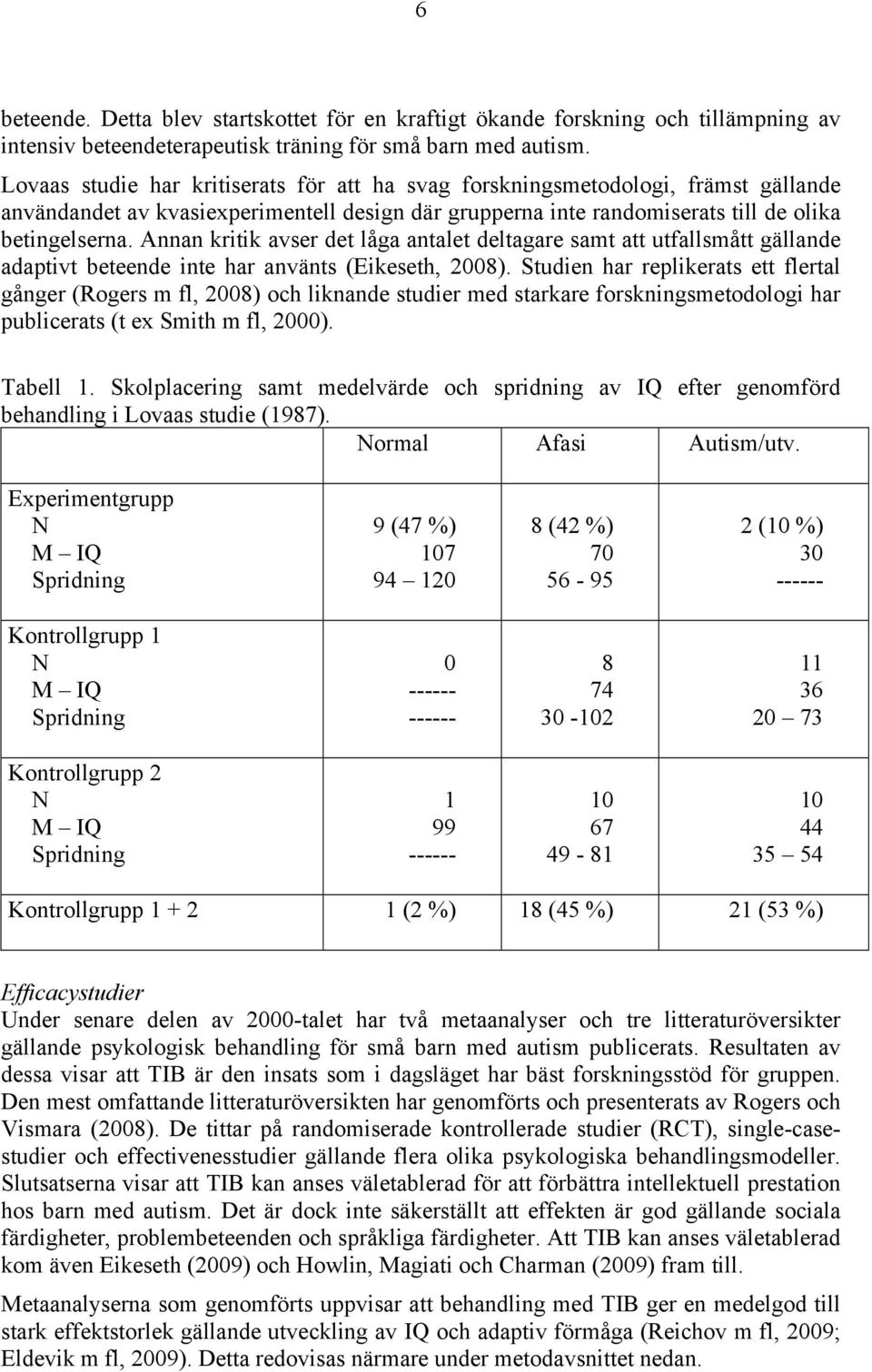Annan kritik avser det låga antalet deltagare samt att utfallsmått gällande adaptivt beteende inte har använts (Eikeseth, 2008).