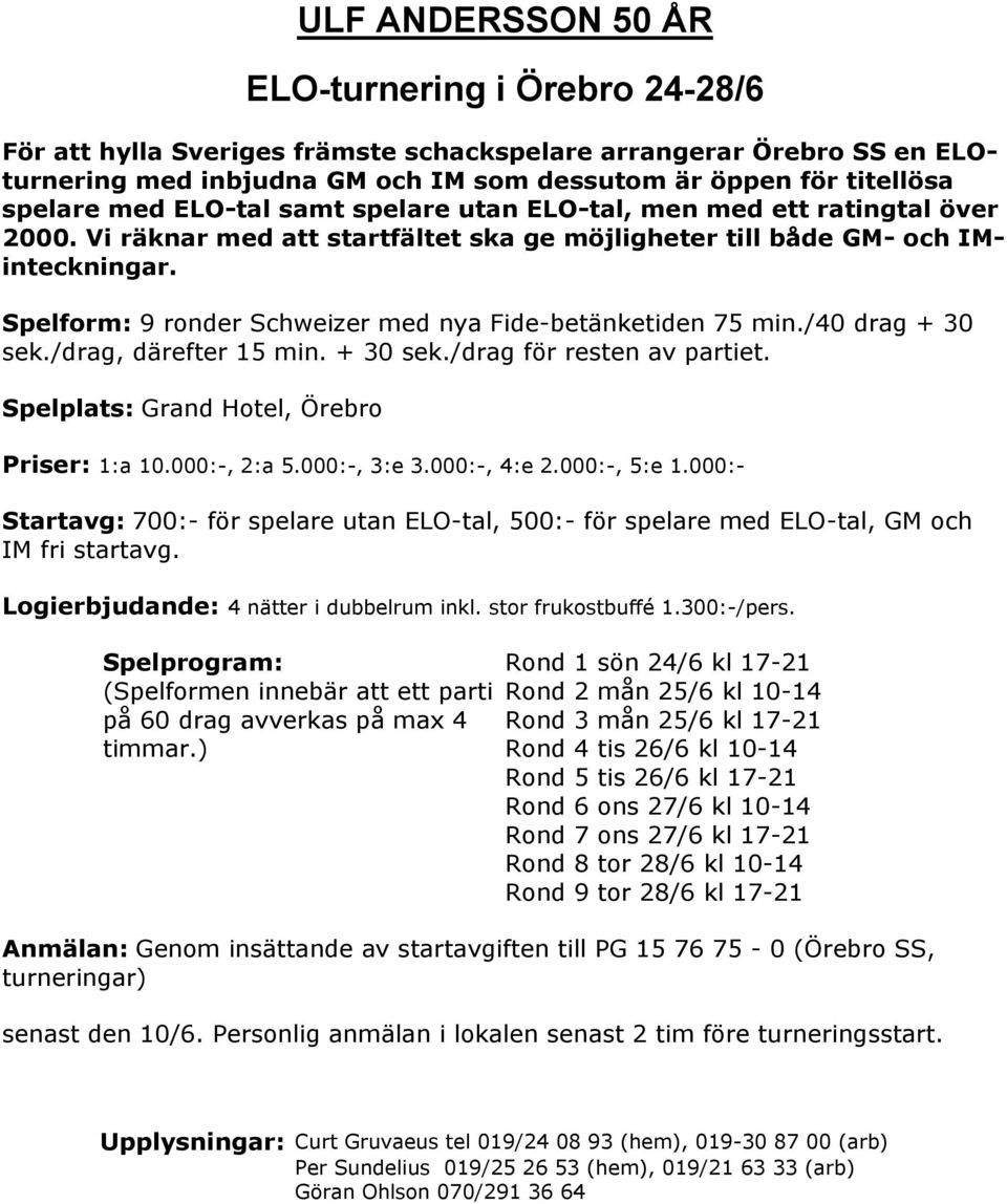 Spelform: 9 ronder Schweizer med nya Fide-betänketiden 75 min./40 drag + 30 sek./drag, därefter 15 min. + 30 sek./drag för resten av partiet. Spelplats: Grand Hotel, Örebro Priser: 1:a 10.