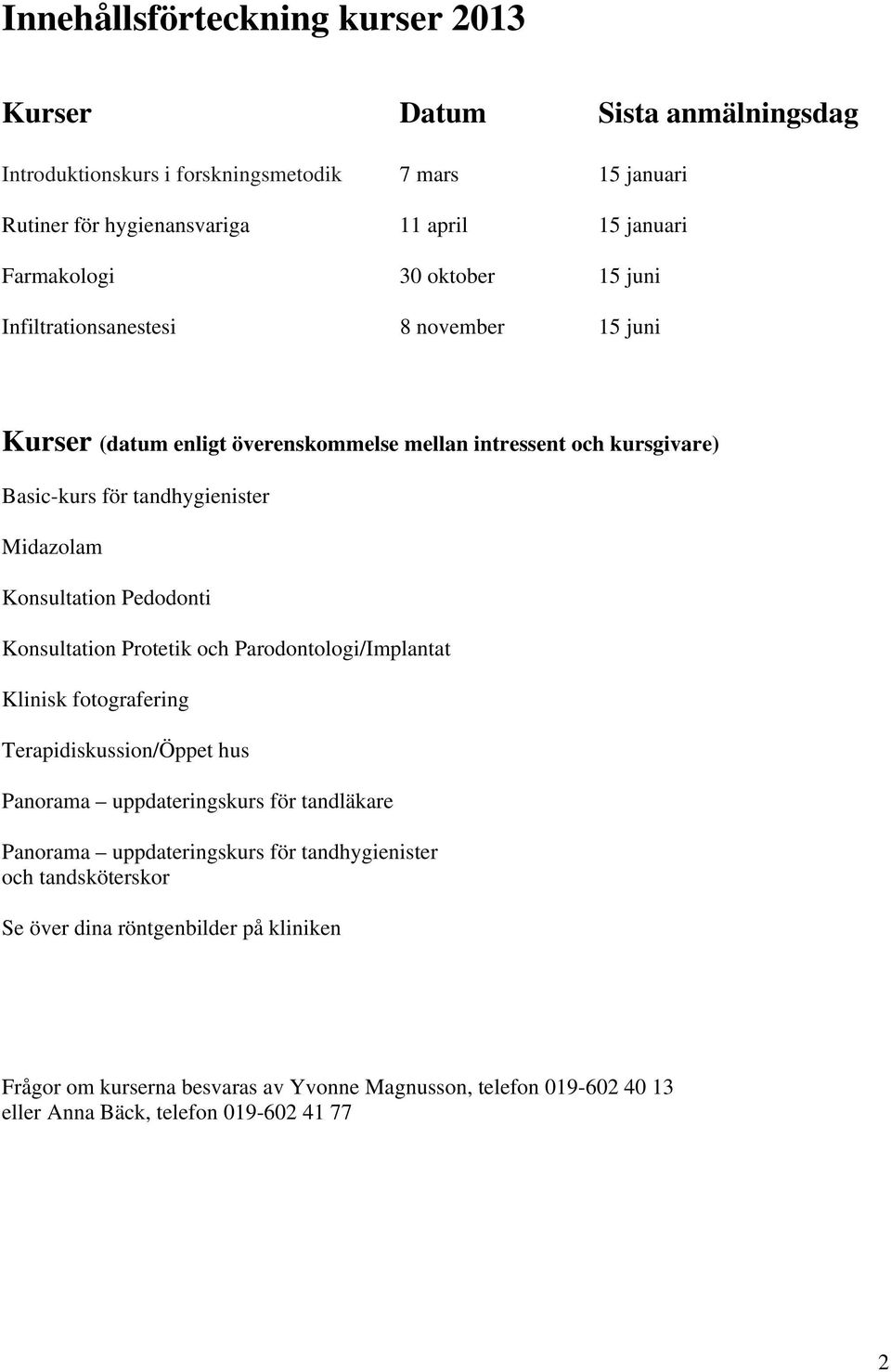 Konsultation Pedodonti Konsultation Protetik och Parodontologi/Implantat Klinisk fotografering Terapidiskussion/Öppet hus Panorama uppdateringskurs för tandläkare Panorama