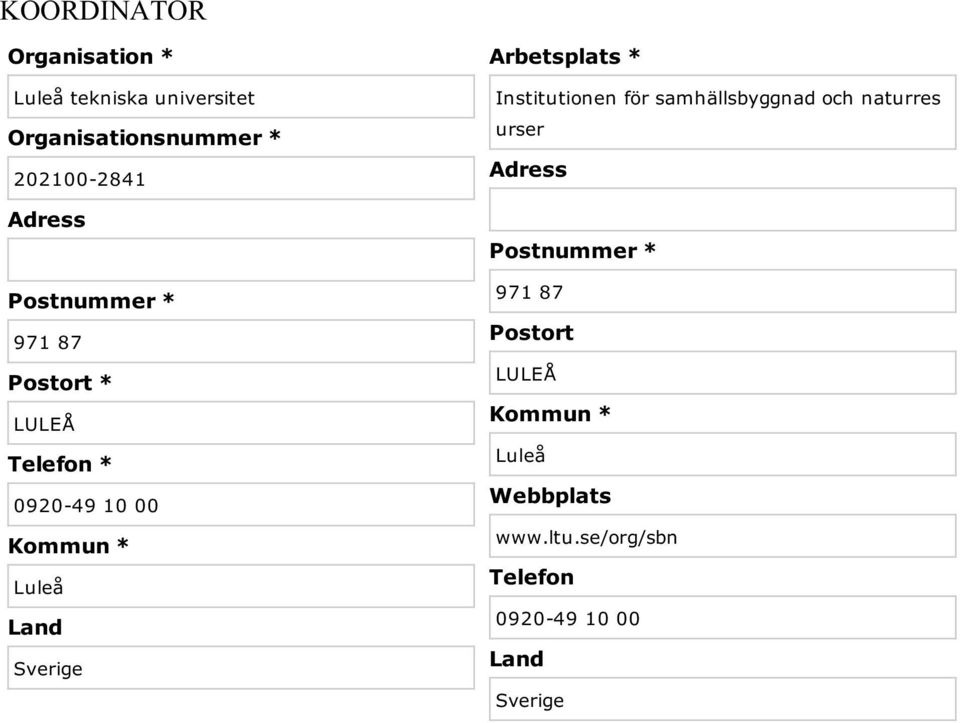 Sverige Arbetsplats * Institutionen för samhällsbyggnad och naturres urser Adress Postnummer
