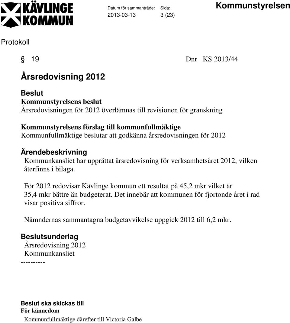 återfinns i bilaga. För 2012 redovisar Kävlinge kommun ett resultat på 45,2 mkr vilket är 35,4 mkr bättre än budgeterat.