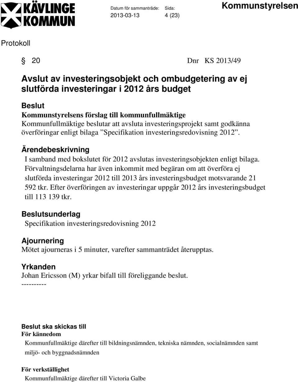 I samband med bokslutet för 2012 avslutas investeringsobjekten enligt bilaga.
