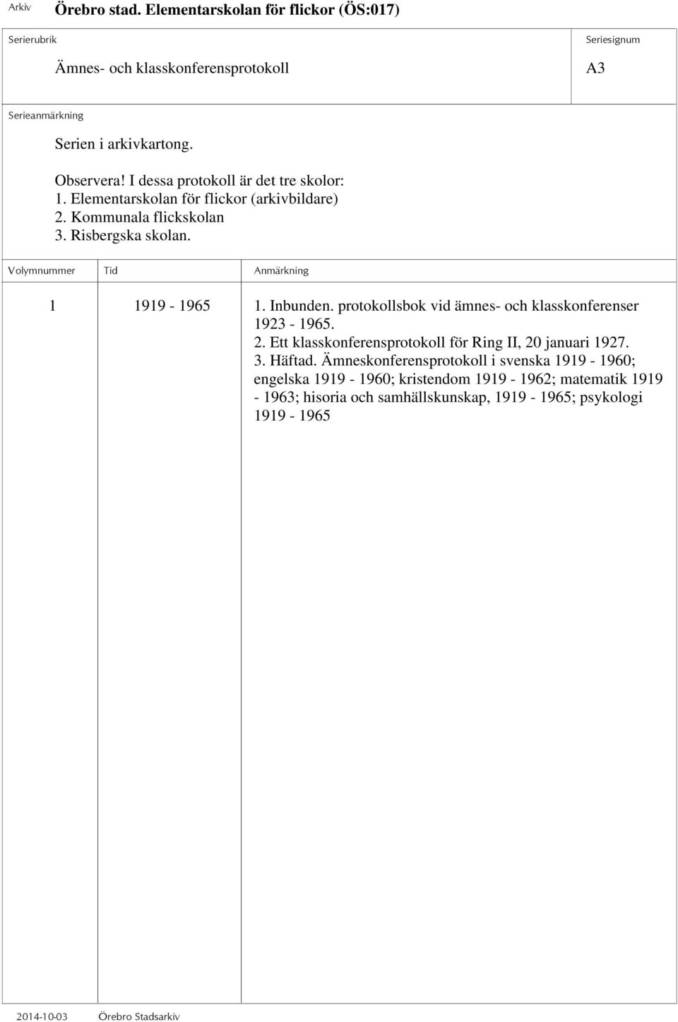 protokollsbok vid ämnes- och klasskonferenser 1923-1965. 2. Ett klasskonferensprotokoll för Ring II, 20 januari 1927. 3.
