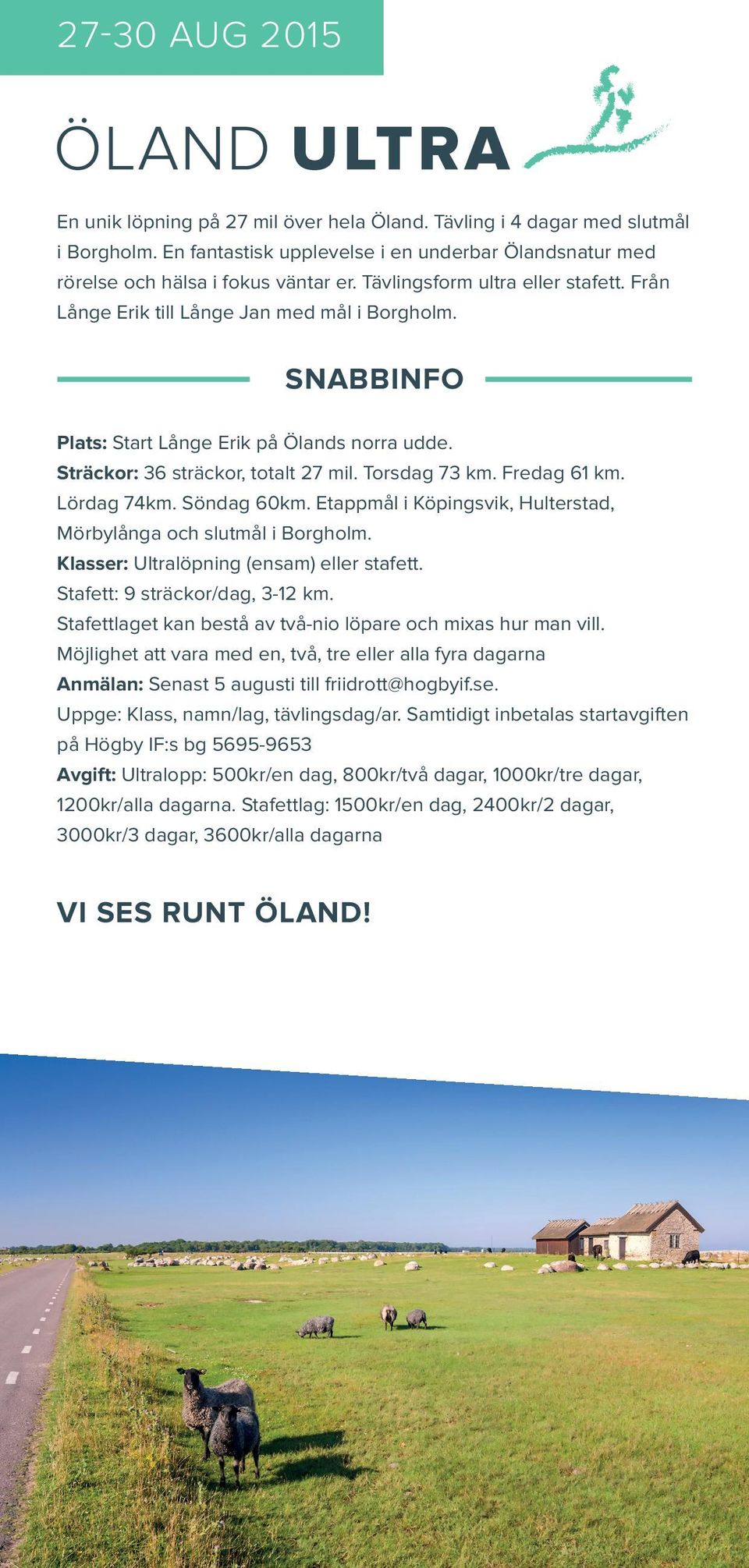 Lördag 74km. Söndag 60km. Etappmål i Köpingsvik, Hulterstad, Mörbylånga och slutmål i Borgholm. Klasser: Ultralöpning (ensam) eller stafett. Stafett: 9 sträckor/dag, 3-12 km.