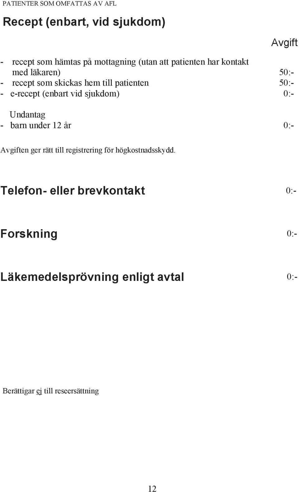 50:- 50:- 0:- Undantag - barn under 12 år 0:- Avgiften ger rätt till registrering för högkostnadsskydd.