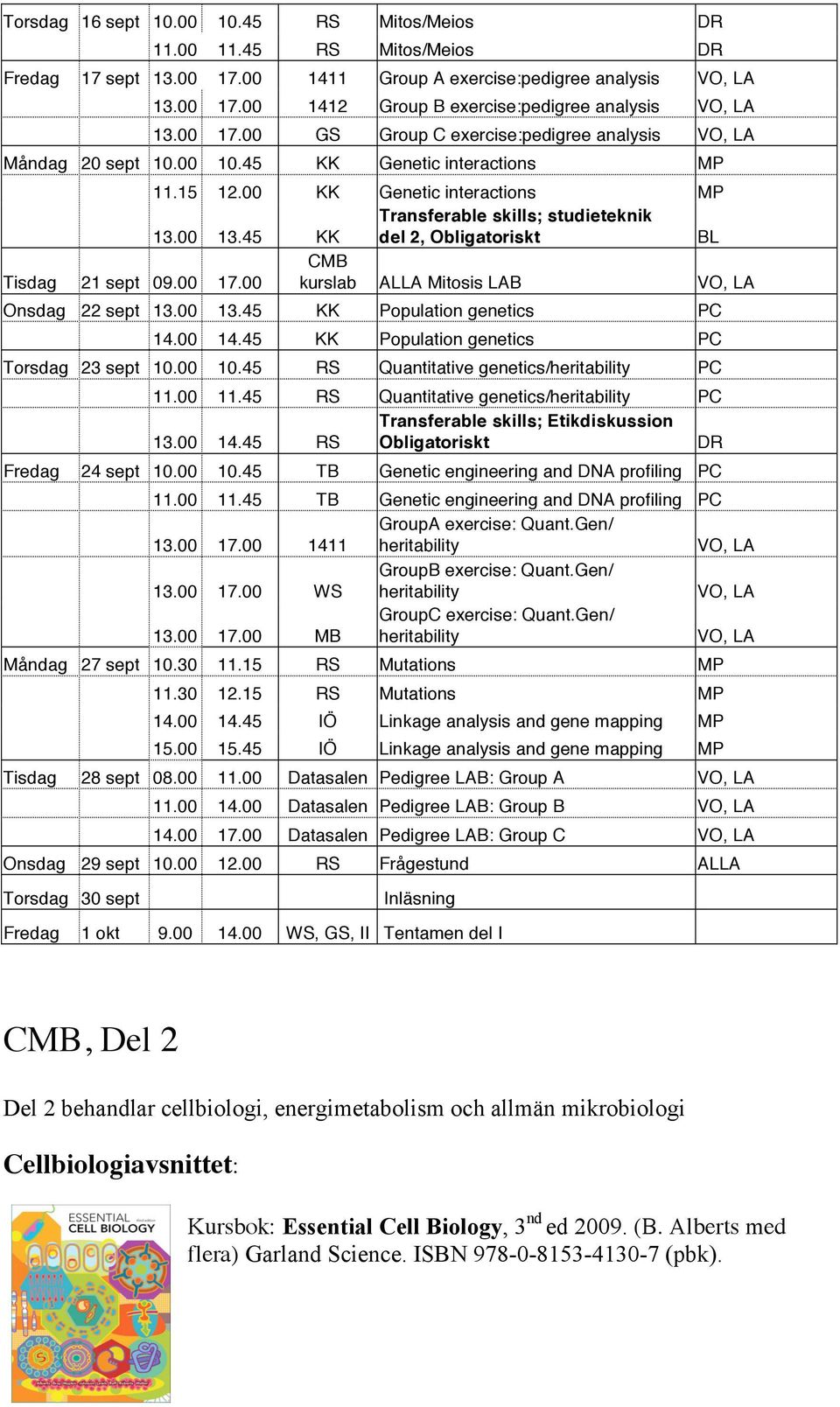 45 KK Transferable skills; studieteknik del 2, Obligatoriskt BL Tisdag 21 sept 09.00 17.00 kurslab ALLA Mitosis LAB VO, LA Onsdag 22 sept 13.00 13.45 KK Population genetics PC 14.00 14.