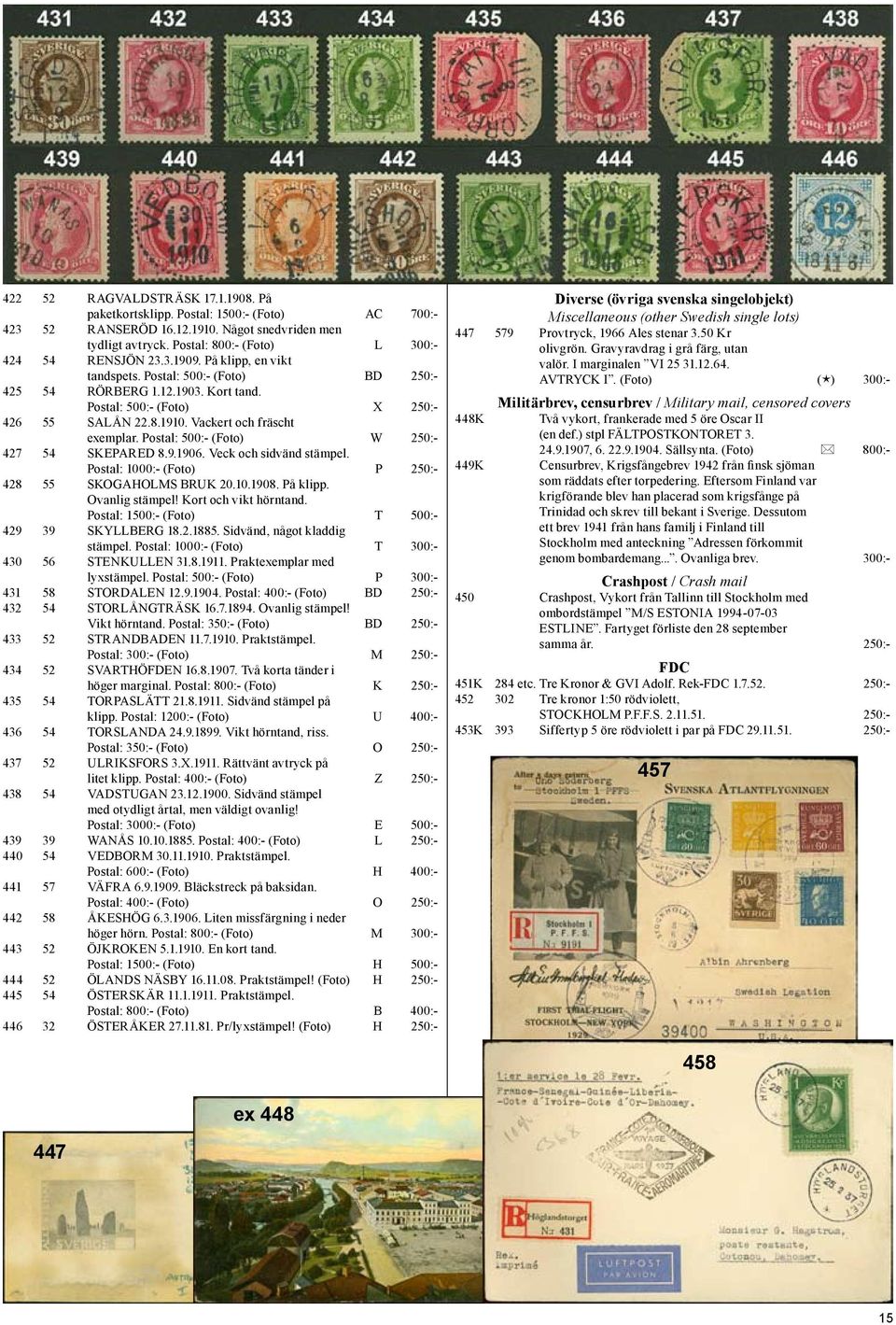Postal: 500:- (Foto) W 250:- 427 54 SKEPARED 8.9.1906. Veck och sidvänd stämpel. Postal: 1000:- (Foto) P 250:- 428 55 SKOGAHOLMS BRUK 20.10.1908. På klipp. Ovanlig stämpel! Kort och vikt hörntand.