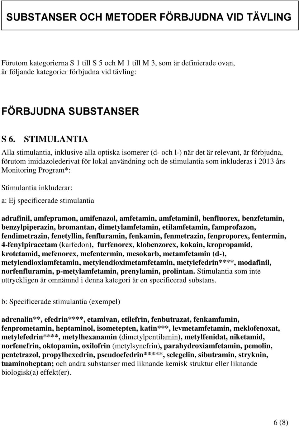 Monitoring Program*: Stimulantia inkluderar: a: Ej specificerade stimulantia adrafinil, amfepramon, amifenazol, amfetamin, amfetaminil, benfluorex, benzfetamin, benzylpiperazin, bromantan,