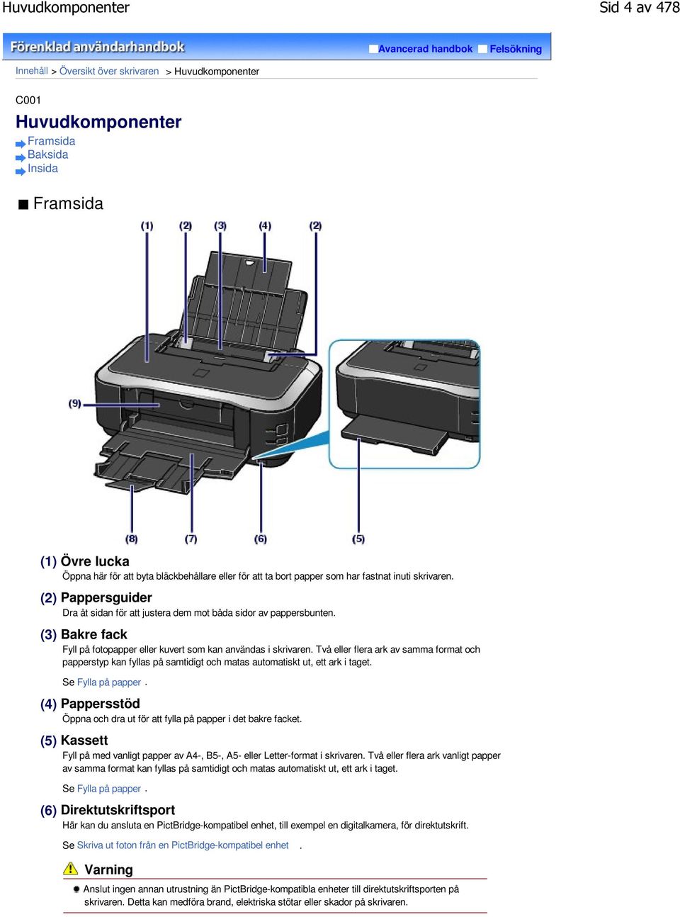 (3) Bakre fack Fyll på fotopapper eller kuvert som kan användas i skrivaren. Två eller flera ark av samma format och papperstyp kan fyllas på samtidigt och matas automatiskt ut, ett ark i taget.