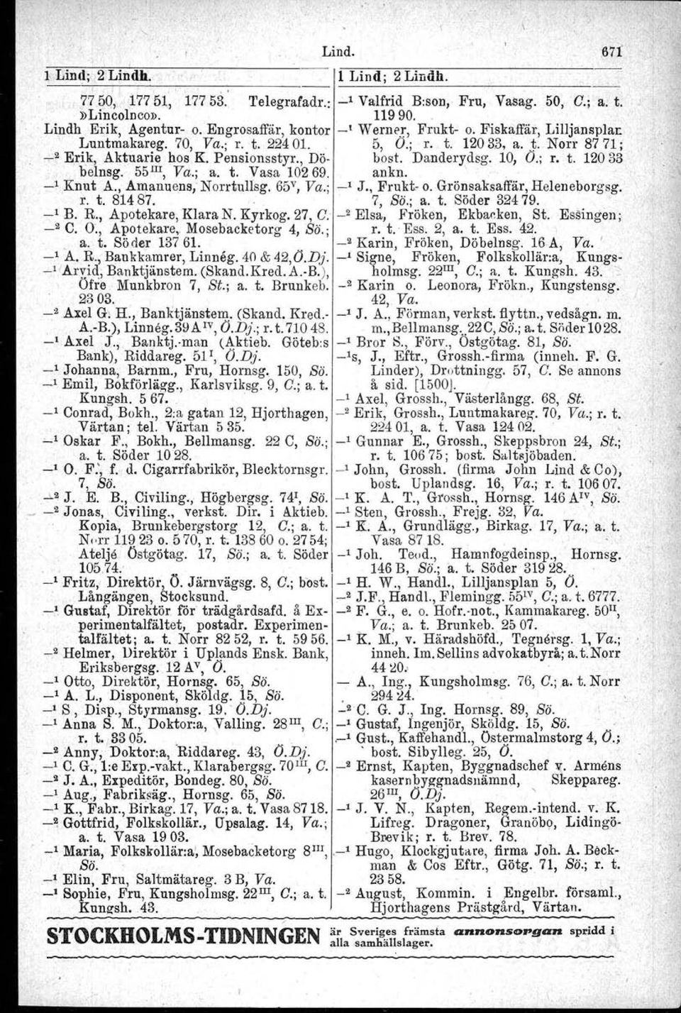 Danderydsg. 10, O.; r. t. 12033 belnsg. 55 1II, Va.; a. t. Vasa 10269. ankn, ', _1 Knut A., Amanuens,'NorrtulIsg. 65v, Va.; _1 J., Frukt. o. Grönsaksaffär, Heleneborgsg, r. t. 81487. 7, Bö.; a. t. Söder 32479.