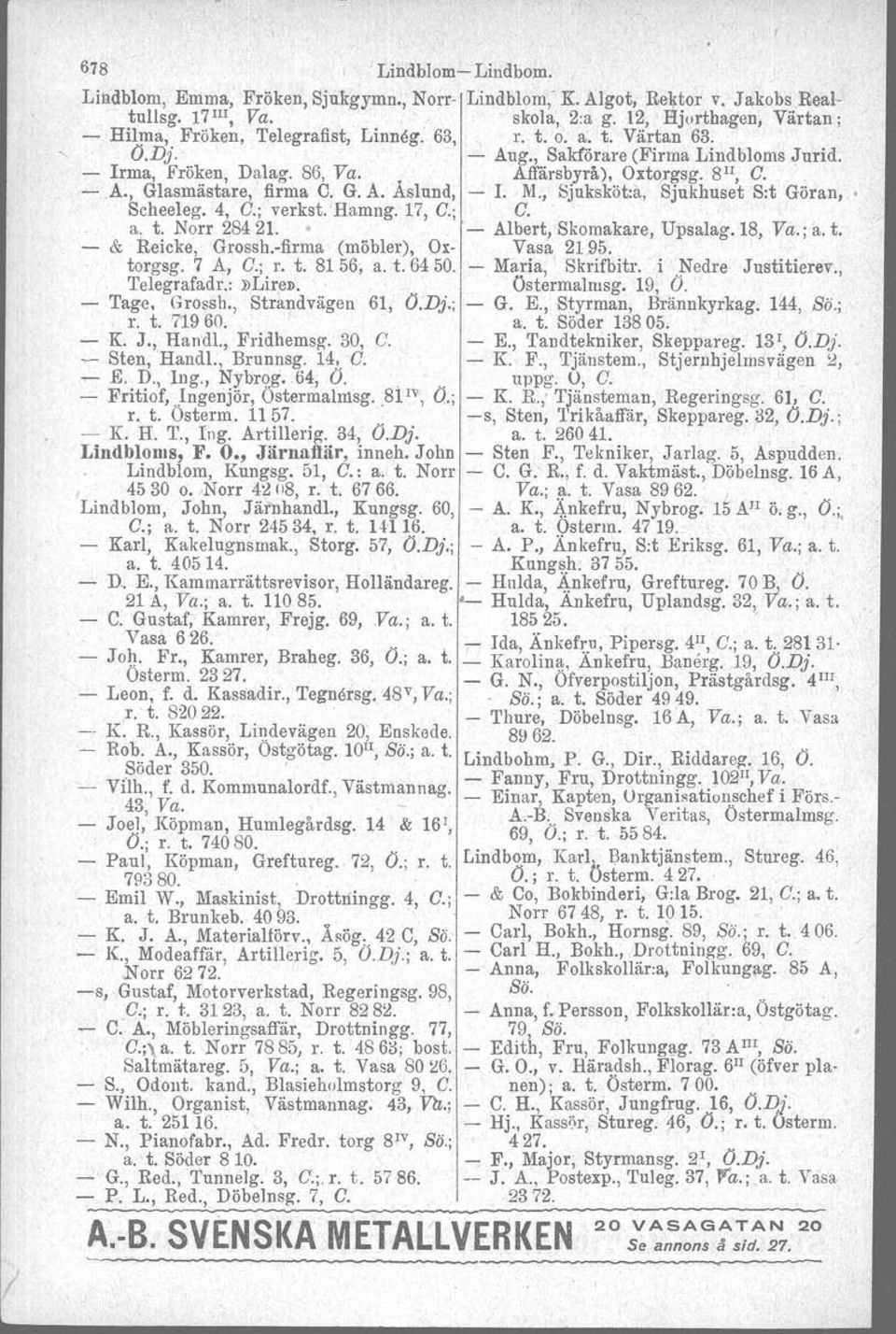 M., Sjuksköt:a, Sjukhuset S:t Göran,, Scheeleg. 4, G.; verkst. Hamng, 17, G.; G.' a. t. Norr 284 21. Albert, Skomakare, Upsalag.18, Va.; a. t. & Reicke, Grosshfirma (möbler), Ox Vasa 21.95. torgsg.