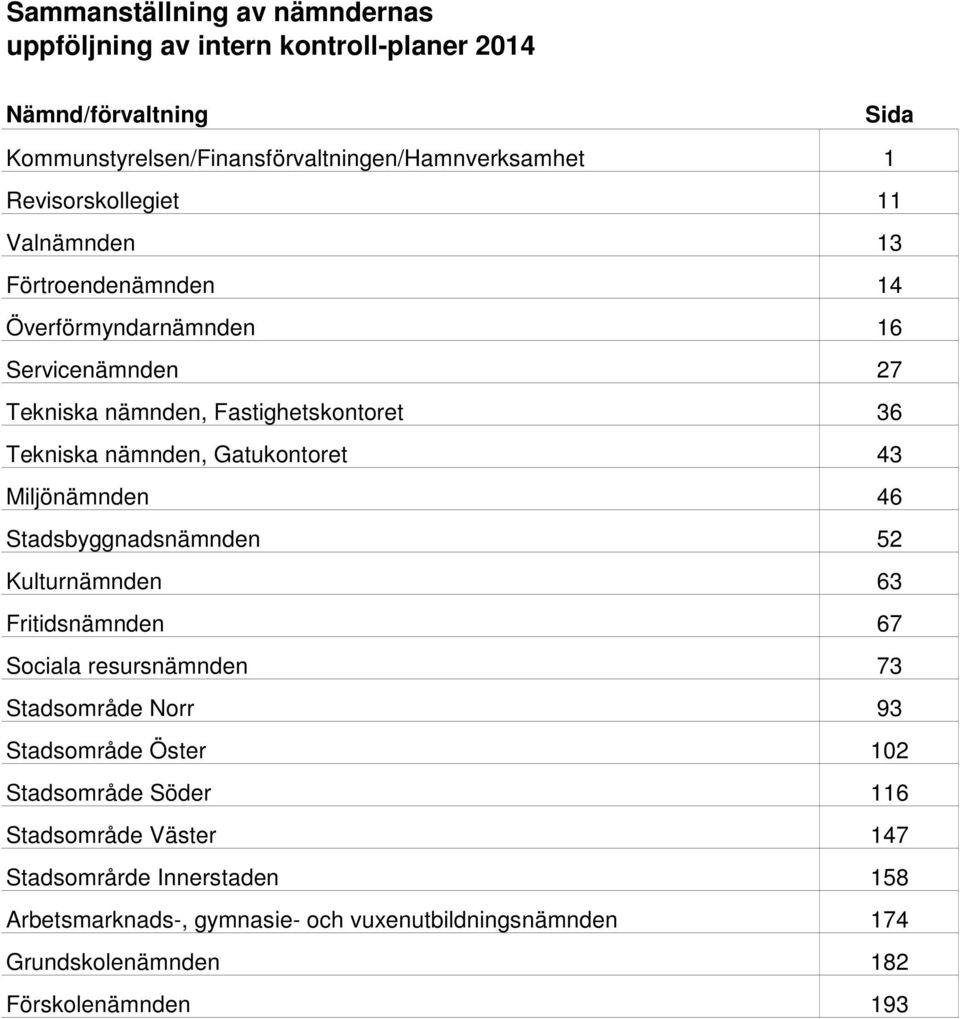 Gatukontoret 43 Miljönämnden 46 Stadsbyggnadsnämnden 52 Kulturnämnden 63 Fritidsnämnden 67 Sociala resursnämnden 73 Stadsområde Norr 93 Stadsområde Öster 102