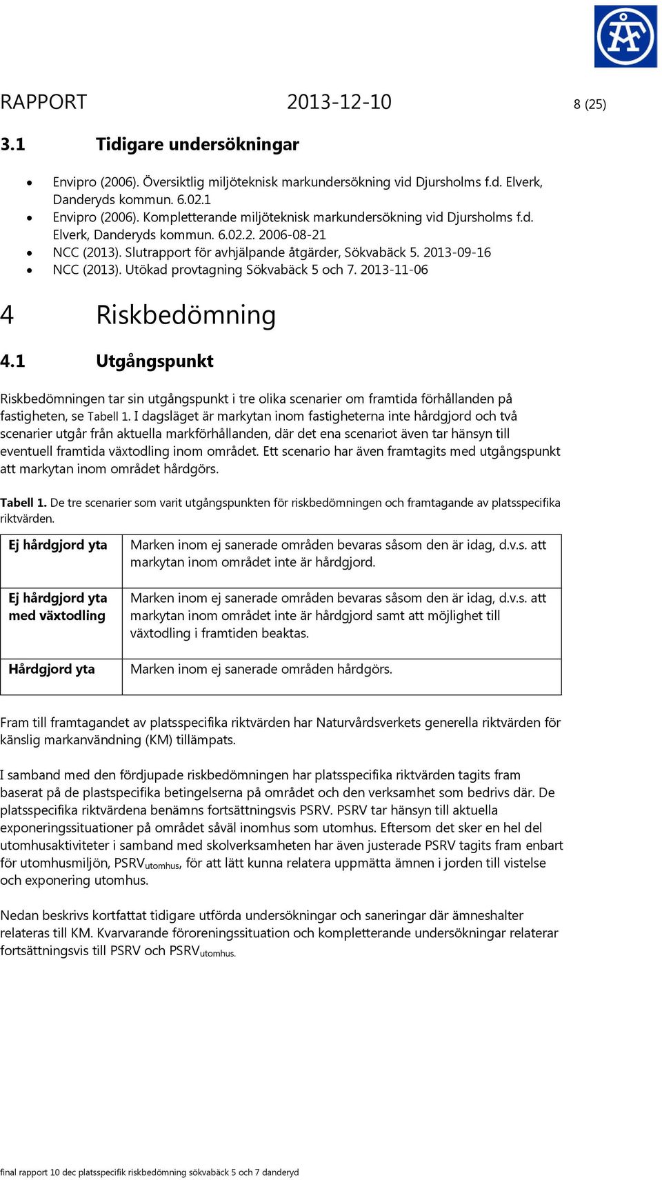 Utökad provtagning Sökvabäck 5 och 7. 2013-11-06 4 Riskbedömning 4.1 Utgångspunkt Riskbedömningen tar sin utgångspunkt i tre olika scenarier om framtida förhållanden på fastigheten, se Tabell 1.