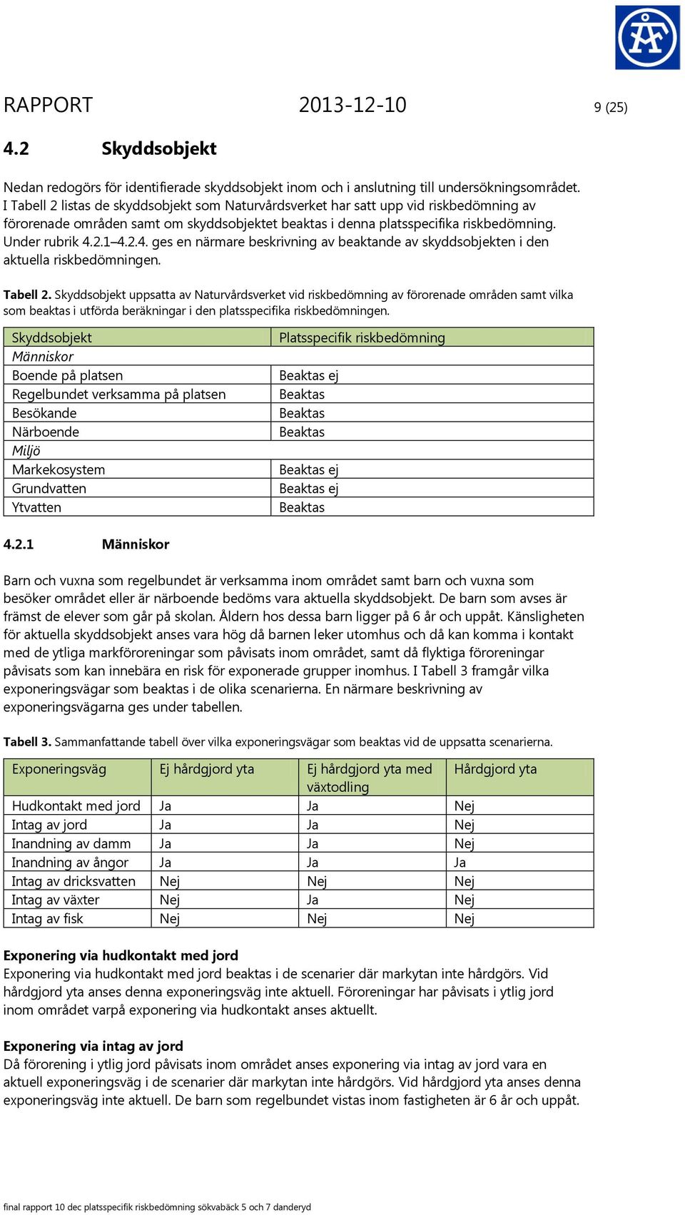 2.1 4.2.4. ges en närmare beskrivning av beaktande av skyddsobjekten i den aktuella riskbedömningen. Tabell 2.