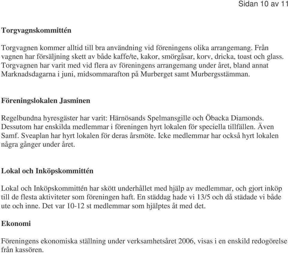 Torgvagnen har varit med vid flera av föreningens arrangemang under året, bland annat Marknadsdagarna i juni, midsommarafton på Murberget samt Murbergsstämman.