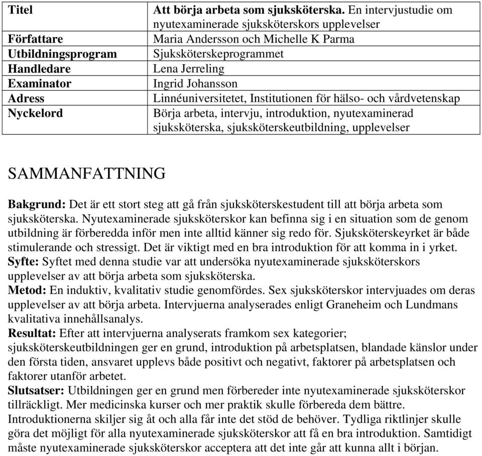 hälso- och vårdvetenskap Börja arbeta, intervju, introduktion, nyutexaminerad sjuksköterska, sjuksköterskeutbildning, upplevelser SAMMANFATTNING Bakgrund: Det är ett stort steg att gå från