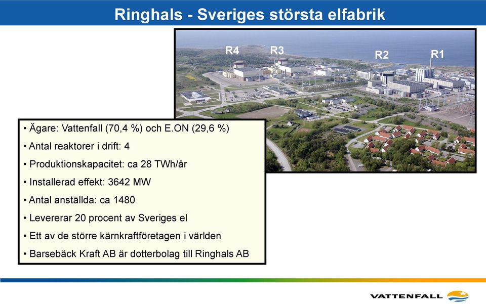 effekt: 3642 MW Antal anställda: ca 1480 R 4 Levererar 20 procent av Sveriges el Ett av